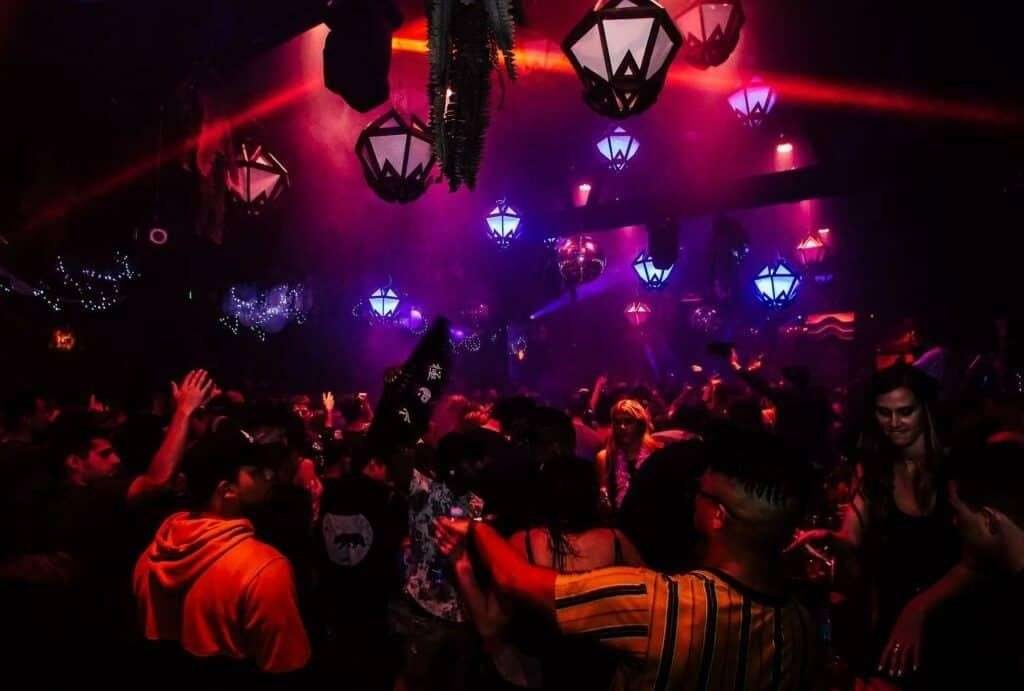 A crowd dancing under glowing lanterns and purple lights at a house music party